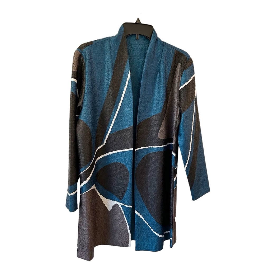 Chicos Travelers Abstract Crushed Teal and Black Jacket Size 2 US L Reversible
